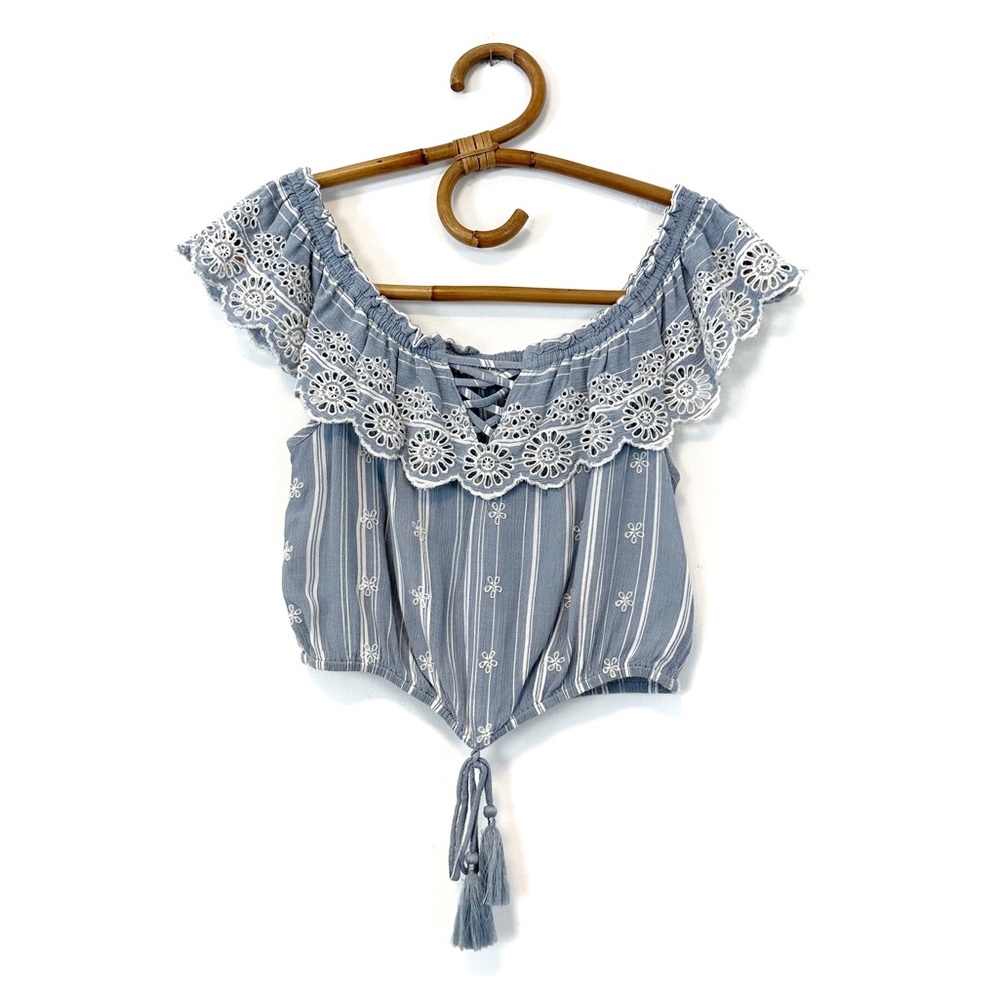 American Eagle | Striped‎ Floral Eyelet Off The Shoulder Crop Top Size M
